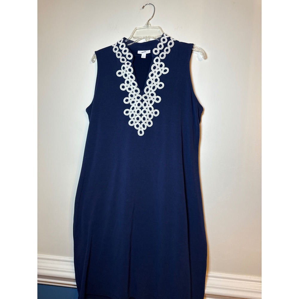 Charter Club Shift Dress Womens Large Navy Blue Embroidered Sleeveless Knit